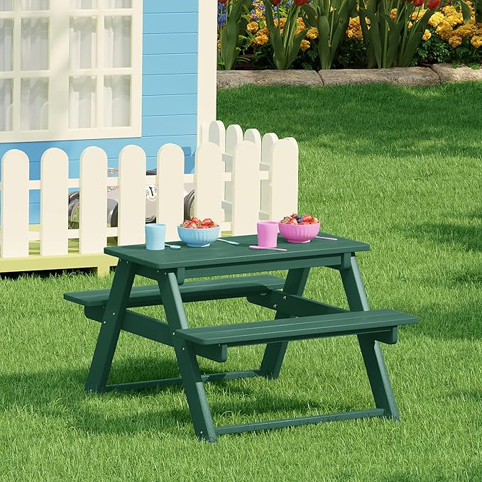 Costaelm Kids Picnic Table, HDPE All Weather Outdoor Toddler Picnic Table and Chair Set Kids Bench for Patio, Backyard, Garden, Lawn, Dark Green