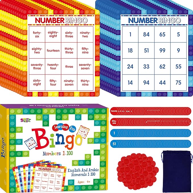 SpriteGru Number Bingo Game, 1-100 Board Game Learn & Count to Read 2 Versions Recognition Game for Kids 5-12, Perfect for Classroom & at Home