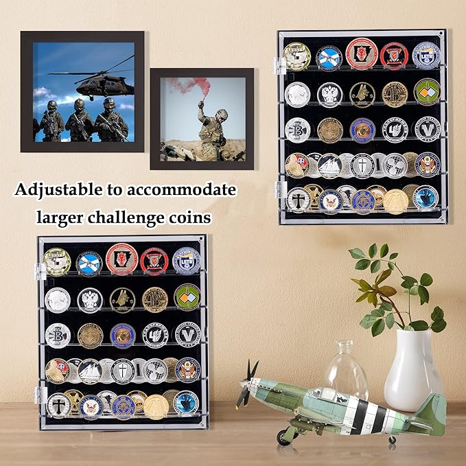 Coin Holder, Challenge Coin Display, Acrylic Military Coin Display Case with Removable Shelves and Magnetic Door, Fits 45 Military Medals Poker Chip Pins Badges, for Casino Poker Chips Collectibles
