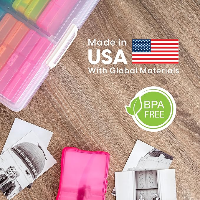 IRIS USA 4" x 6" Photo Storage Box Craft Keeper, Transparent Handle Container with 16 Organization Holder Cases for Pictures, Tasks, Scrapbooking, Stationery Storage, Multi-Color/Clear
