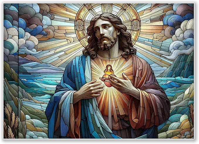 1000-piece Color Lines-Light Sacred Heart of Jesus Adult Wooden Puzzle, Intellectual Challenge, Stress-Relieving Puzzle, Relaxing Family Activity, Decoration, Size: 29.5 x 19.7 in