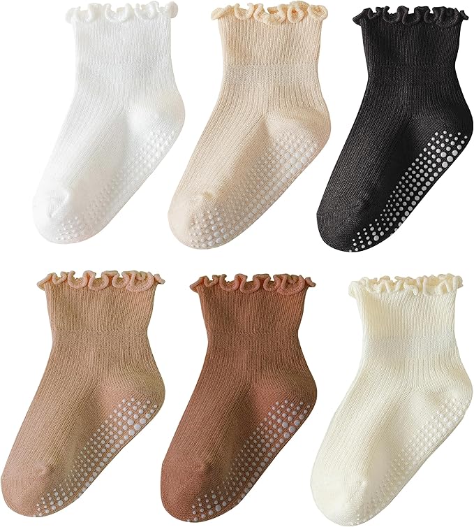 6 Pairs Toddler Ruffle Socks for Girls - Baby Grip Socks with Non-Slip, Cute Grippy Frilly Design