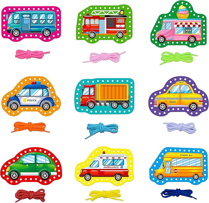 9 Pieces Kids Lacing Cards, Double Sided Sewing Cards in 9 Vehicle Cards with 9 Colorful Laces, Imagination Development Lacing Toys Games for Children Educational and Learning Activity
