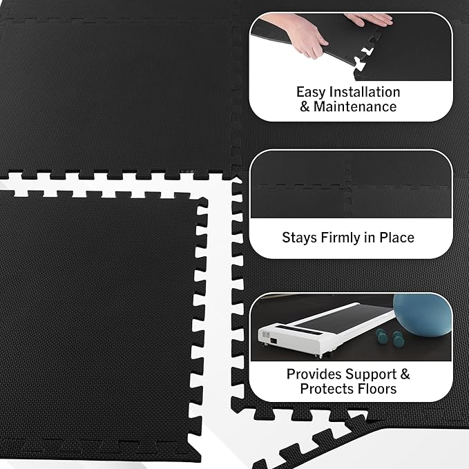 EVA Foam Mat Tiles 12-Pack - 48 SQ FT of Interlocking Padding for Garage, Playroom, or Gym Flooring - Exercise Mat or Baby Playmat by Stalwart (Black)