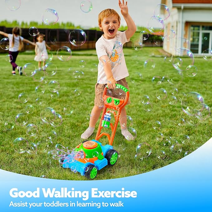 SLOOSH Bubble Lawn Mower Toddler Toys - Leak-Proof Bubble Machine Pretend and Play Gardening Toy for Indoor Outdoor Use, Push Toys Preschool Baby Boys Kids Halloween Birthday Gifts (Blue)