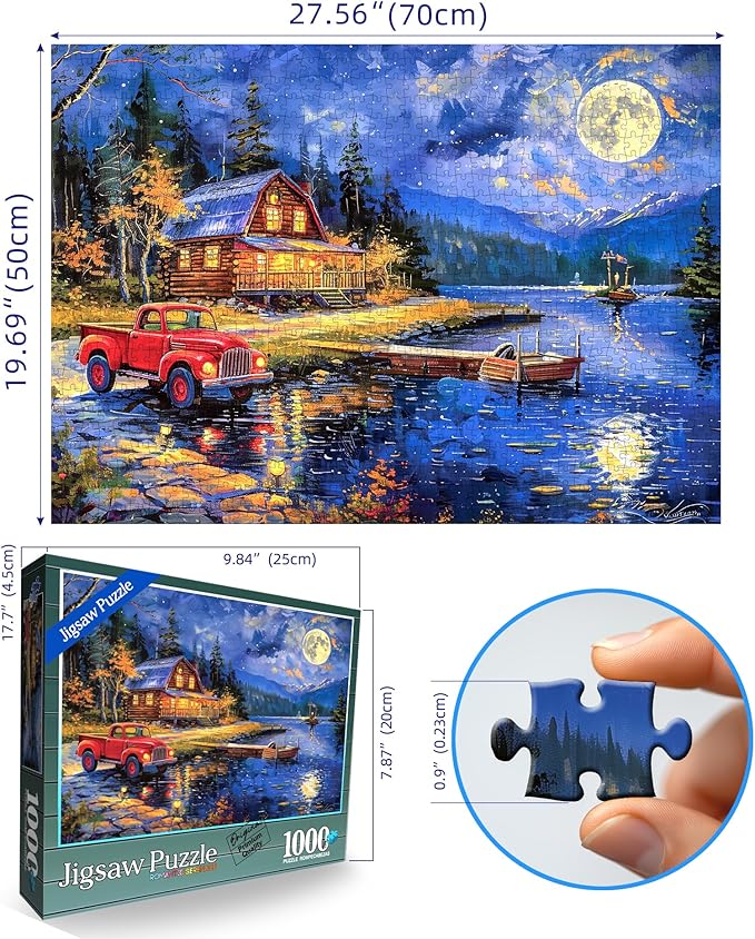 Lake House Night Landscape Jigsaw Puzzles for Adults 1000 Piece Village Puzzle for Adults with Letters on Back Challenging Family Puzzle Games Gift for Men Women Seniors Size is （26.75 x 19.75）