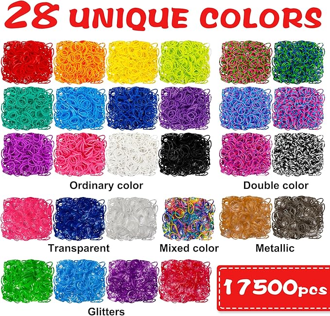 INSCRAFT 17500+ Rubber Loom Bands with 3 Layer Container, 28 Colors, 600 S-Clips, 352 Beads, 40 Cartoon Pendant, Bracelet Making Refill Kit for Kids