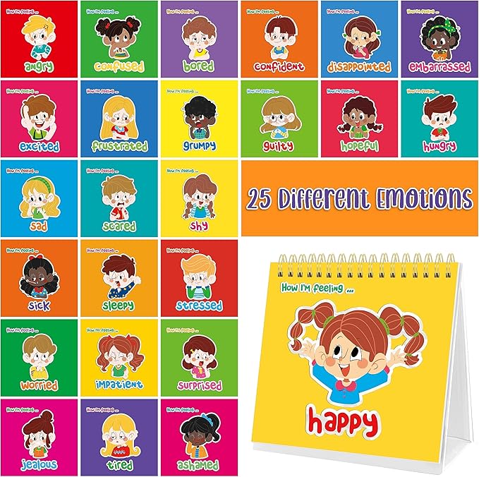 Emotions Flip Chart, 25 Different Feelings with Coping Skills-Learn to Identify Various Moods, Cartoon Faces Emotions for Kids with Autism, ADHD -Emotion Flipbook for Therapy, Home Use