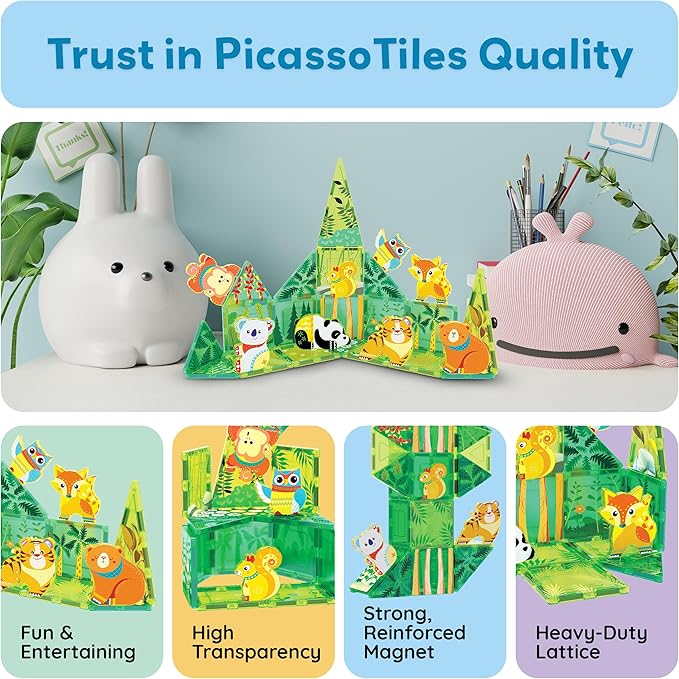 PicassoTiles Magnet Tile Building Blocks Forest Animal Themed Playset with 8 Character Action Figures Educational STEM Learning Construction Kit Pretend Play Magnetic Tiles Toddler Kids Ages 3+ PTQ26