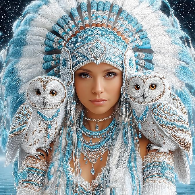Owl Fantasy 500 Piece Jigsaw Puzzle for Adults - Winter Theme Mystical Art with Snowy Owls & Tribal Beadwork - Challenging Puzzle for Game Night, 20"x20"