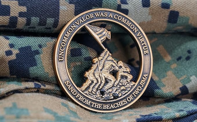 Marine Corps Iwo Jima USMC Challenge Coin with Actual Sands of Iwo Jima - Marine Corps Gifts Disabled Vet Owned Business - Iwo Jima Coin