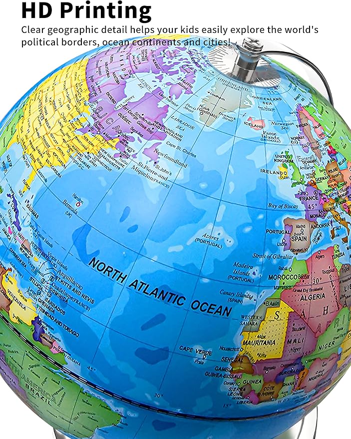 Illuminated World Globe with Stand, 9" Earth Globes with Stable Heavy Metal Base for Kids Classroom Learning, LED Constellation Globe Night Light with HD Printed Map