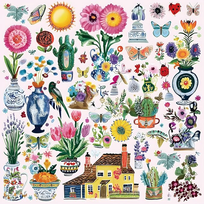 500 Piece Jigsaw Puzzle for Adults Vibrant Garden Scene Cute Butterflies Flowers Birds House Whimsical Doodle Collage Garden Charming Cartoon Art Challenging Yet Relaxing, 20x20 Inch Artwork