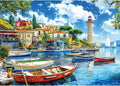 1000 Piece Jigsaw Puzzle for Adults Seaside Harbor Colorful Houses Lighthouse Sailboats Scene Beautiful Mediterranean Sea Landscape Challenging Coastal Village Puzzle for Adults Families27.6 x19.7