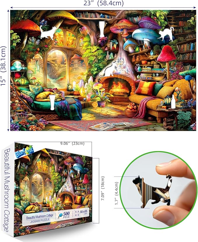 Fantasy Mushroom House Jigsaw Puzzle, 500 Pieces, Cozy Interior Scene with Fireplace