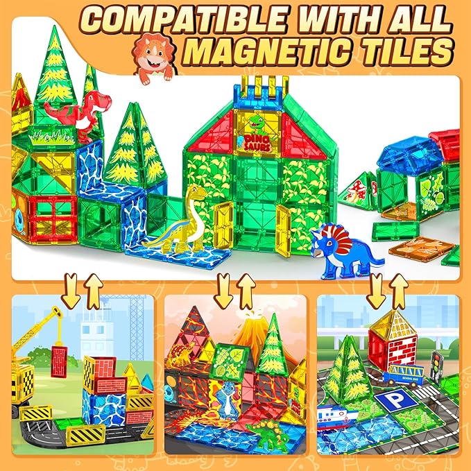 Magnetic Tiles Dinosaur Toys for Kids 3-5 4-8 Magnet Building Blocks Toddler Toy - Dino World Magnetic Toys STEM Creative Games Christmas Birthday Gifts for 3＋ Years Old Boys Girls