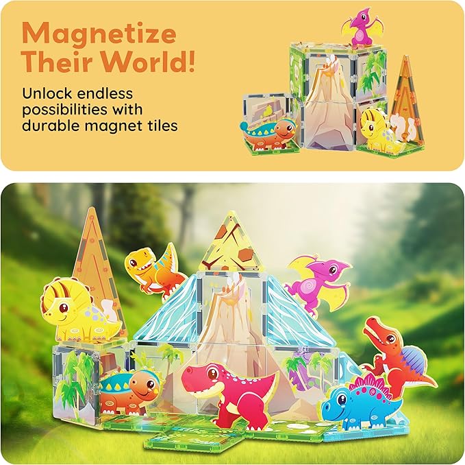 PicassoTiles Magnet Tile Building Blocks Dinosaur World Themed Playset with 8 Animal Character Action Figures Magnetic Tiles STEM Learning Pretend Play Toy Construction Set Boys Girls Ages 3+ PTQ23