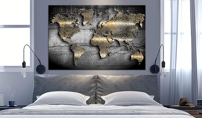 artgeist Textured Canvas Wall Art World map 24x16 in - 1pcs Painting Canvas Prints Picture Artwork Image Framed Contemporary Modern Photo Wall Home map Continents Black k-A-0498-b-a