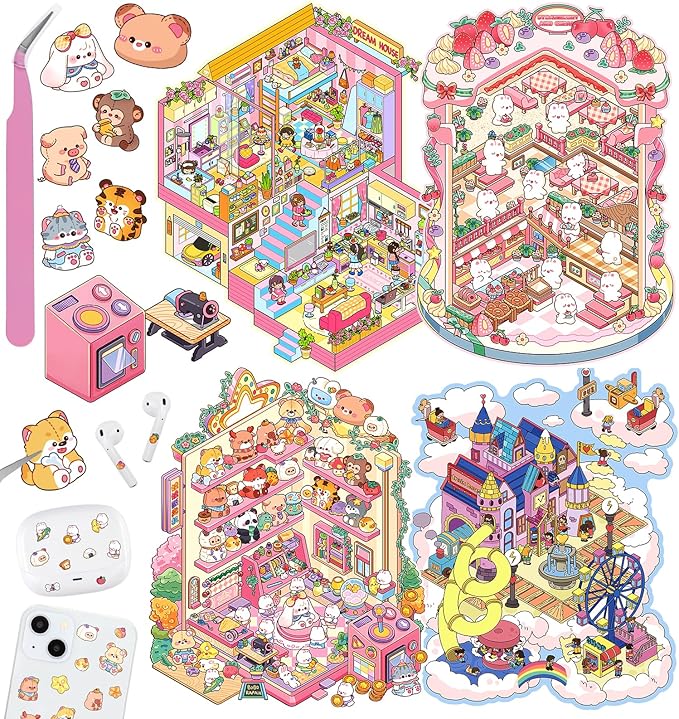 DIY 3D House Stickers, 4 Sets Fun DIY Stickers Scene Make Your Own Mini House Cute Cartoon Animal Scene Stickers for Kids Adult Sticker Art Relief Stress Pass The Time- Large Size