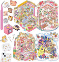 DIY 3D House Stickers, 4 Sets Fun DIY Stickers Scene Make Your Own Mini House Cute Cartoon Animal Scene Stickers for Kids Adult Sticker Art Relief Stress Pass The Time- Large Size