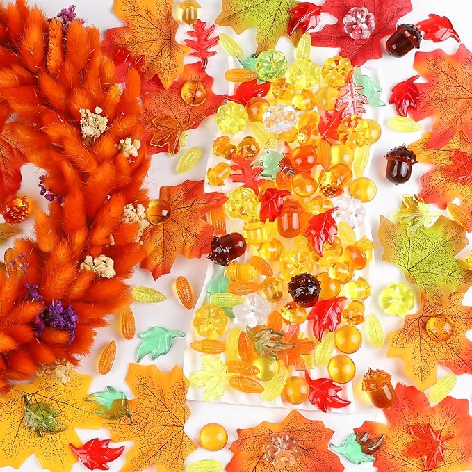 150pcs Fall Vase Filler for Thanksgiving Fall Sensory Bin Filler Acrylic Pumpkin Leaves Gems Corns Gems Acorns for Centerpieces Table Fall Sensory Bin Filler Autumn Thanksgiving Home Decoration