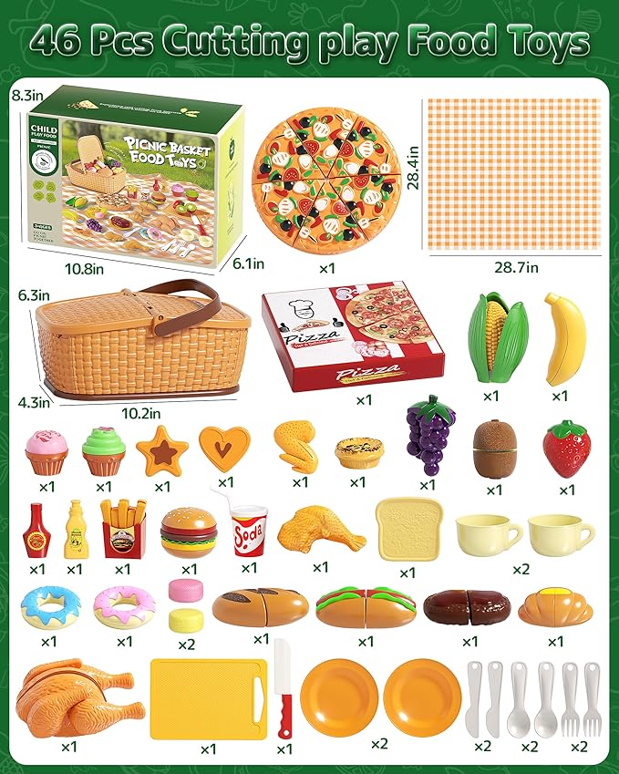 Pretend Play Food for Kids, Cutting Toy Food Set with Picnic Basket, Play Kitchen Accessories, Food Toys with Veggies, Fruits, Pizza Toy for Boys Girls Gift