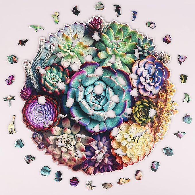 delobi Mandala Succulent Wooden Puzzles, 200 Pieces Jigsaw Puzzles 11.3'' x10.9'', Unique Design Liberty Wooden Puzzles for Adults and Kids, Family Game Gift Medium Size