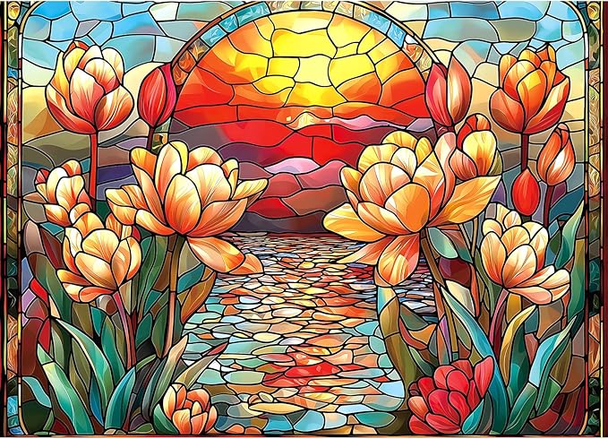 Stained Glass Flower Puzzles for Adults 1000 Pieces Colorful Impossible Hard Puzzle for Adults Beautiful Vintage Flowers Art Jigsaw Puzzles 1000 Pieces Unique Challenging Floral Family Puzzle