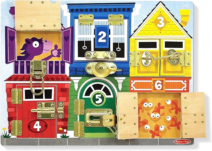 Melissa & Doug Wooden Latches Board Sensory Activity Toy for Kids, Doors and Locks Toy, Wooden Busy Board, Toddler Toys for Ages 3+