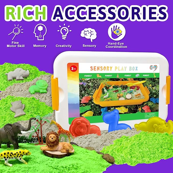 Jungle Sensory bin,Safari Animal Figures Playset Toys,Wild Forest Sandbox,Desert Animals Play Sand Set with Sensory Sand,Zoo Animal Figurines,Jungle Adventure Play Kit for Kids 3 4 5 6 7