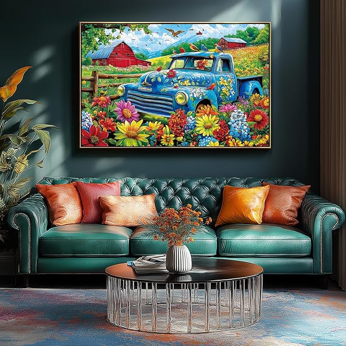 500 Piece Puzzles for Adults & Family - Songbirds Farm Jigsaw Puzzle with Recycled Cardboard | Vintage Truck, Red Barns & Wildflowers | 21x15 Inch Art Puzzle Gift