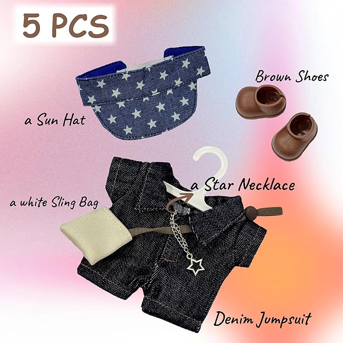 17cm Doll Clothes, Outfits Denim Jeans Set for 17cm Doll, 5 Piece Set Hat Shoes Clothing, Stylish Adorable Dolls Clothes Accessories (No Doll)