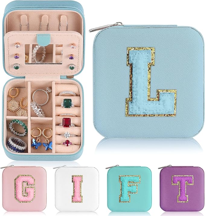 Parima Women's Initial Travel Case | Mini Jewelry Case - L, J | Sky Blue