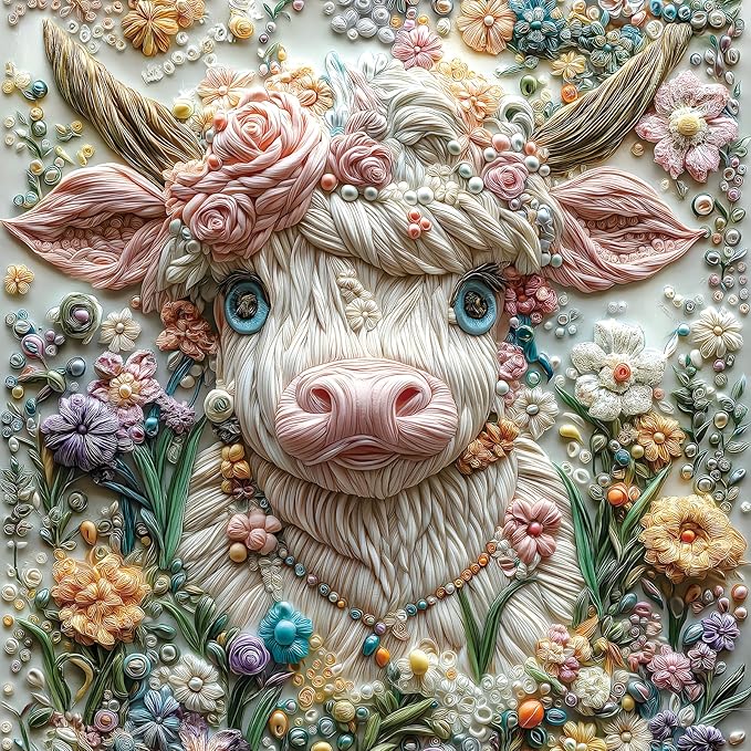 500 Piece Art Jigsaw Puzzle for Adults - Unique 3D Embroidery Flower Cow, Cool Puzzles for Adults, Challenging Adult Puzzle 20x20 Inch