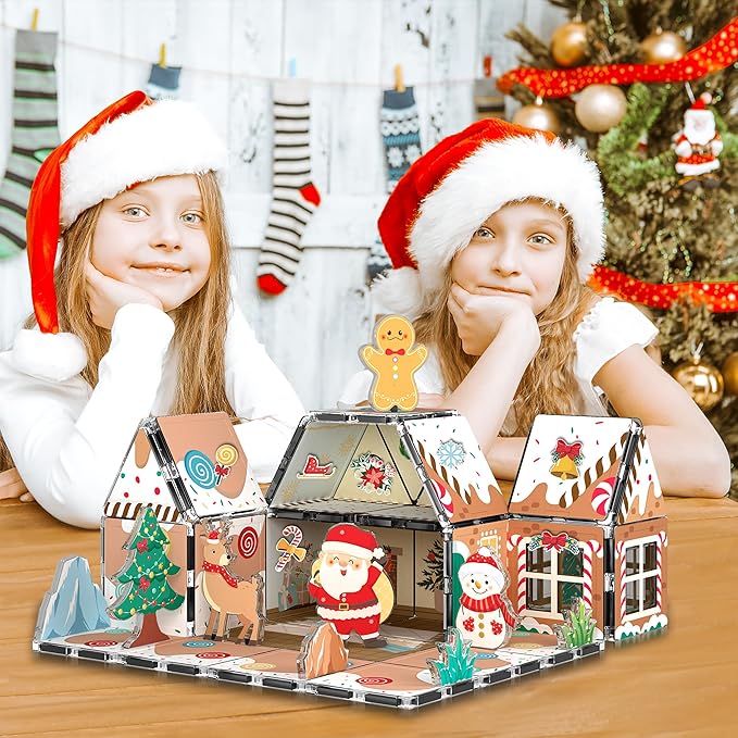 PicassoTiles Magnetic Tiles Gingerbread House Holiday Character Action Figures Santa, Snowman, Deer Winter Theme Construction Kit Magnet Building Blocks STEM Learning Gifts Toddler Toys Ages 3+ PTQ09