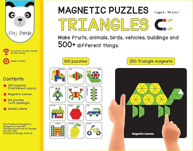 New Magnetic Puzzles : Triangles - Includes 250 Colorful Magnets 100 Puzzles Magnetic Board Display Stand