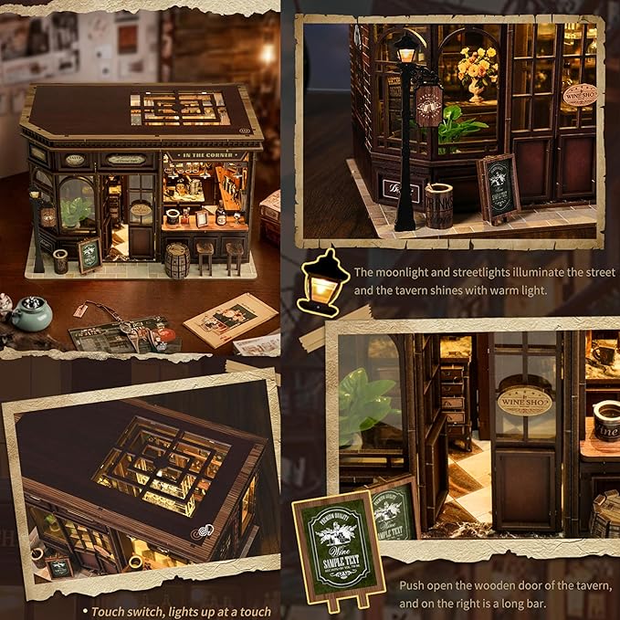 ISSEVE Book Nook Kit - DIY Miniature House Kit for Adults, Teens and Beginners, Corner Tavern Dollhouse Booknook Tiny House Bookshelf Decor 3D Wooden Puzzle, Gifts for Friends Family (Corner Tavern)