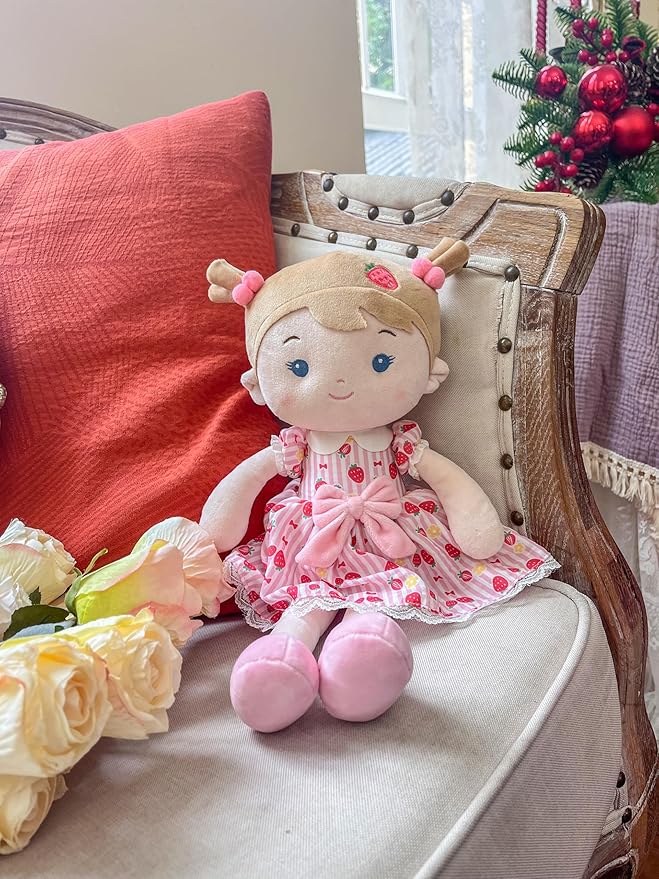 LeyaDoll Personalized Soft Baby Doll Toys for Girls (16''), My First Christmas Dolls, Leya Doll Baby Rag Doll Plush Toys for Toddler Kids Infants -Strawberry Girl