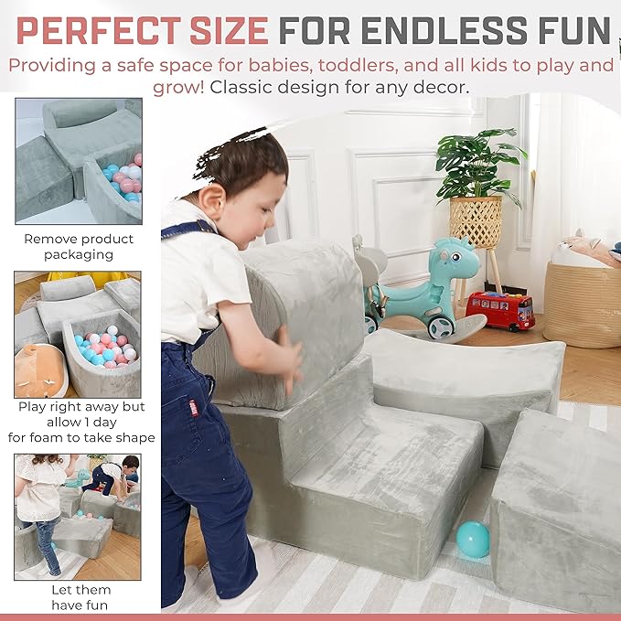 Foam Climbing Blocks for Toddlers – Indoor Soft Play Set for Babies - Velvet Cover & High-Density Memory Foam – Baby Climbing Blocks for Motor Skills - Climb and Crawl Activity Play Set for Kids -Gray