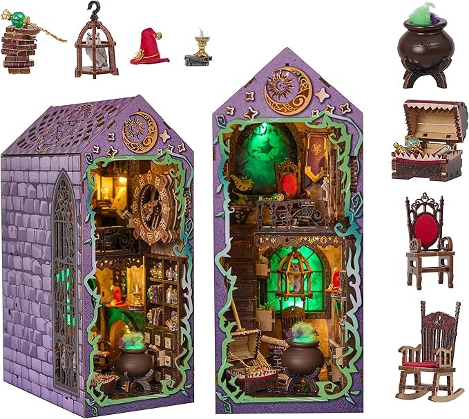 [2025 New] Mystic Theurge's Book Nook Kit with Dust Cover & LED Light, DIY Miniature House Kit Toy, 3D Wooden Puzzle Bookshelf Decor Building Kit, Birthday Gifts for Family & Friends