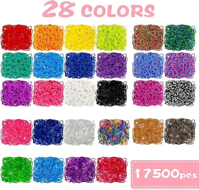 INSCRAFT 17500+ Rubber Loom Bands with 3 Layer Rose Pink Container, 28 Colors, 600 S-Clips, 352 Beads, 40 Cartoon Pendant, Bracelet Making Refill Kit for Kids