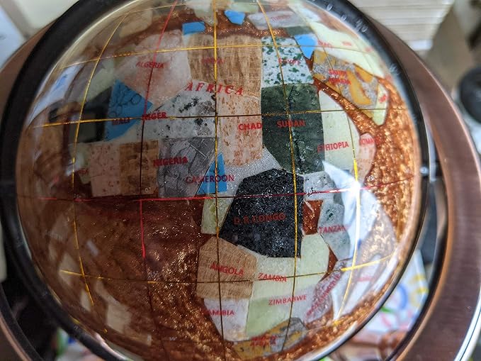 Unique Art 10-Inch Tall Table Top Amber Pearl Swirl Ocean Gemstone World Globe with Copper 4 Leg Stand (Amber-4 Leg - Copper)