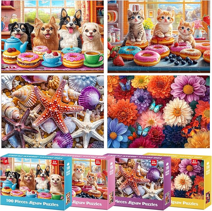 4 Packs 100 Piece Puzzles for Adults Seniors - Dogs Starfish Flower Cats Puzzles for Kids Ages 4-6 6-8 8-10 Year Old Large Piece Puzzle for Kids Learning Educational Toys for Boys and Girls Ages 5-8