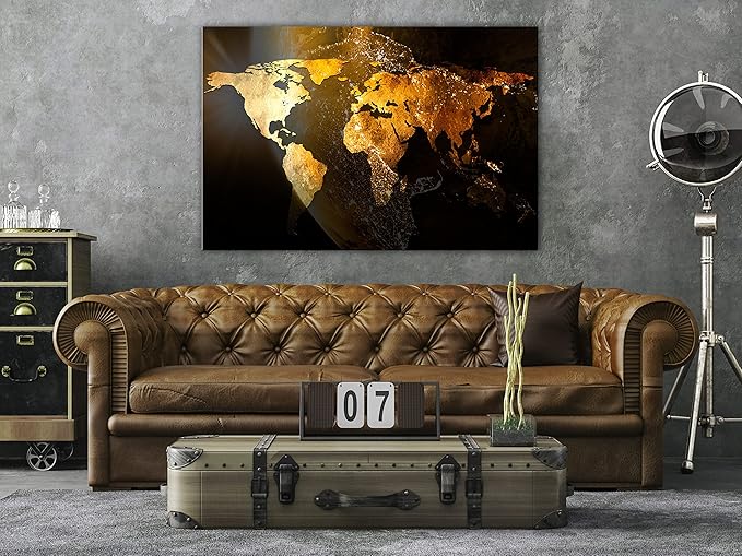 artgeist Textured Canvas Wall Art World map 35x24 in - 1pcs Painting Canvas Prints Picture Artwork Image Framed Contemporary Modern Wall Home Map Continent Sun Abstract k-C-10000-b-a