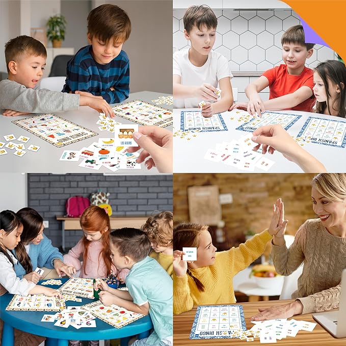 Spanish Bingo Game, 25 Boards for Spanish Vocabulary Bilingual Word Bingo Game Educational Toys for Language Learning - Ages 5 and up (Up to 25 Players)