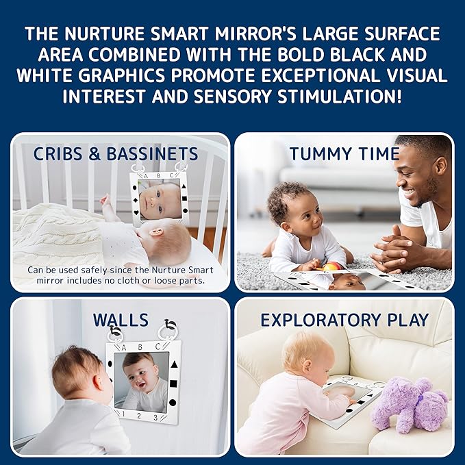 Baby Mirror, Doctor Designed Large Crib, Floor or Wall Mirror for Babies - High Sensory Toys for Babies - Promotes Vision and Brain Development - Crib Toys for Infants - Safe Tummy Time