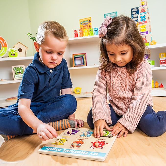 Open The Joy My Emotions Family Peg Puzzle – Emotional Recognition & Social Skills Puzzle for Kids | Montessori-Style Wooden Puzzle with 6 Emotion Pieces | Ages 4+