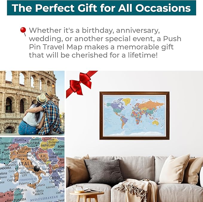 Push Pin Travel Maps - Blue Oceans World - Brown Frame Framed Pin Map for Tracking Your Travels - 27.5" x 39.5" - 8 Handcrafted Frame Options - Made in USA - Ideal for Any Traveler