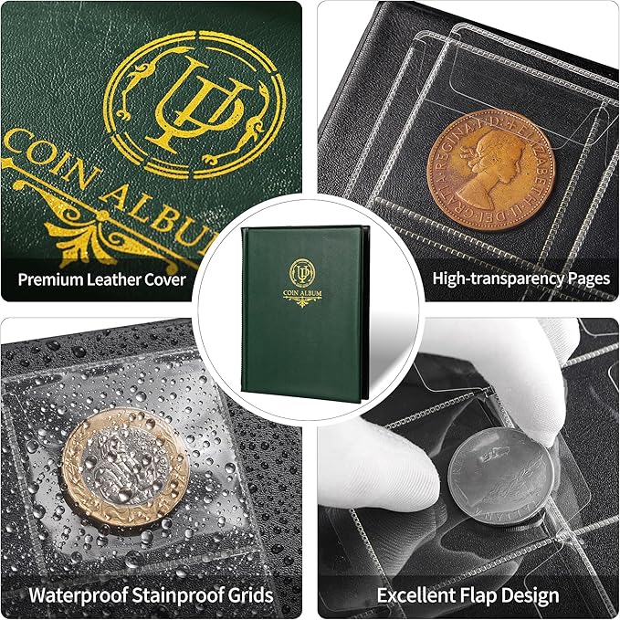 200 Pockets Coin Album - Coin Collecting Book with 10 Pages, 33x33 mm Grid Holder for Pounds Pence Cents Dollars Nickel (Green) CS48200GR