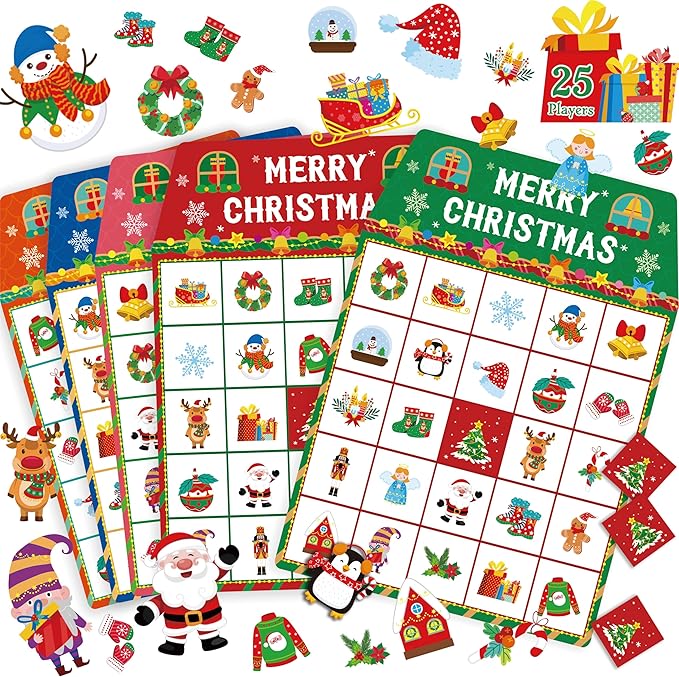 SpriteGru Christmas Bingo Game, 25PCS Bingo Board Game, 2-25 Players Bingo Game Set for Teenager or Adults Xmas Party, Fun Interesting Activity Winter Party Supplies